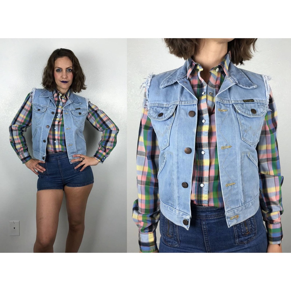 vintage 70s WRANGLER Sleeveless DENIM VEST Small jean jacket light wash boho usa
